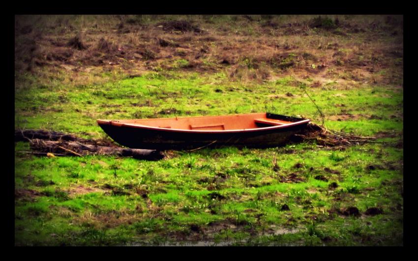 une barque sur l'herbe