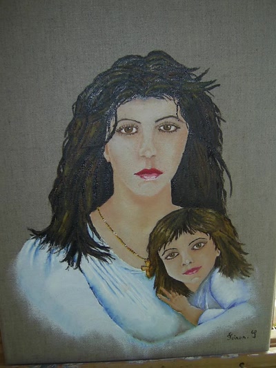 Œuvre de pomme: la mère et l'enfant