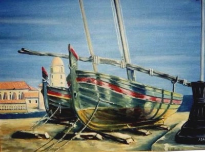 Œuvre de J.SALVAT: barques catalanes en attente