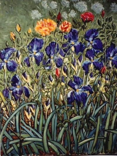 Œuvre de J.SALVAT: les beaéux iris parmi les roses